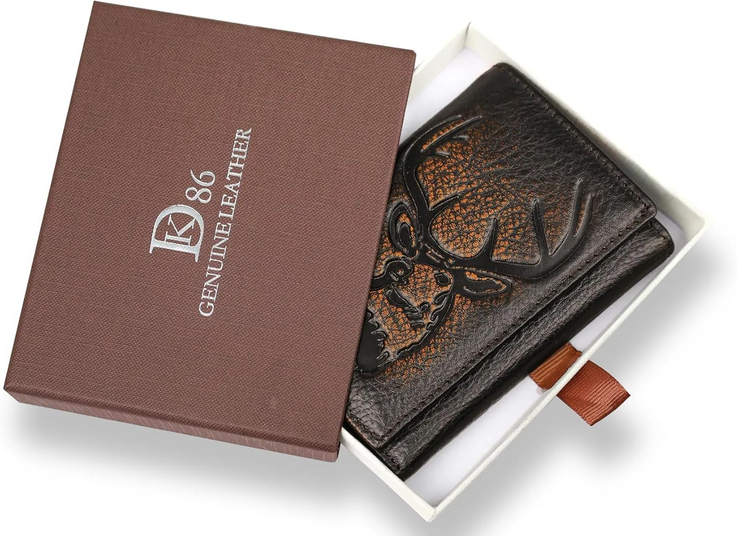 DK86 Deer Trifold Wallets for Men Full Grain Leather with Hand Burnished Tri-Fold Wallet RFID Blocking (Black and Brown)