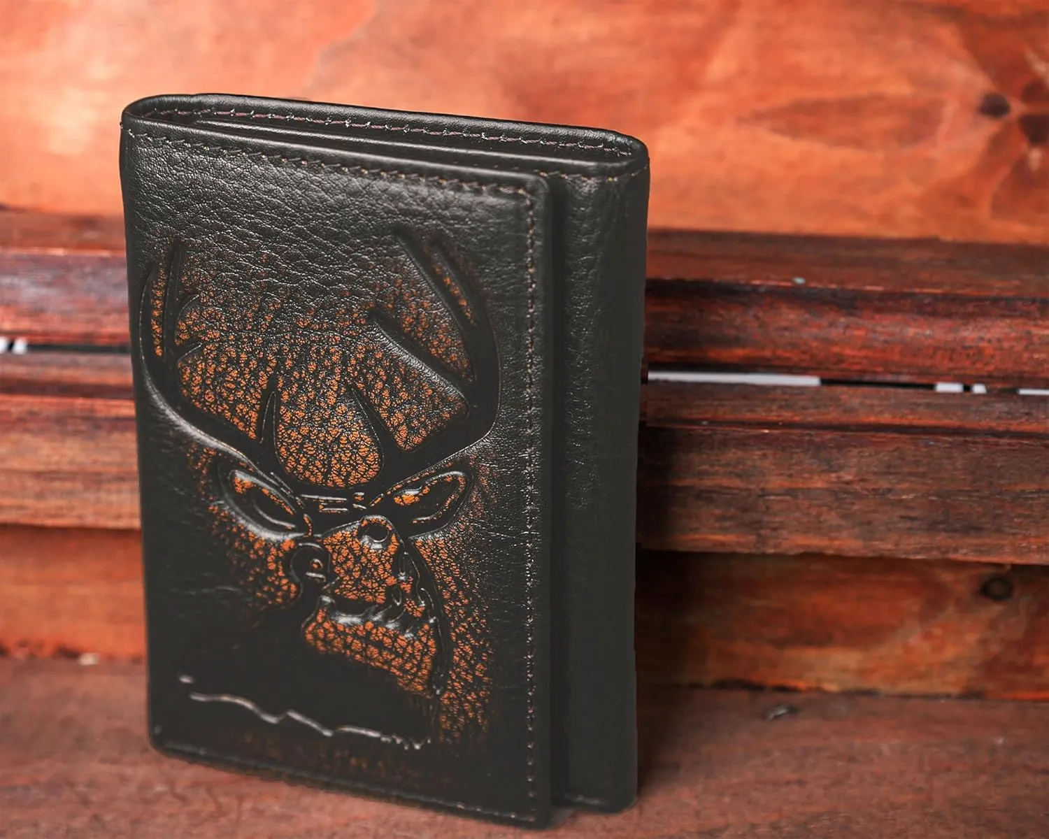DK86 Deer Trifold Wallets for Men Full Grain Leather with Hand Burnished Tri-Fold Wallet RFID Blocking (Black and Brown)