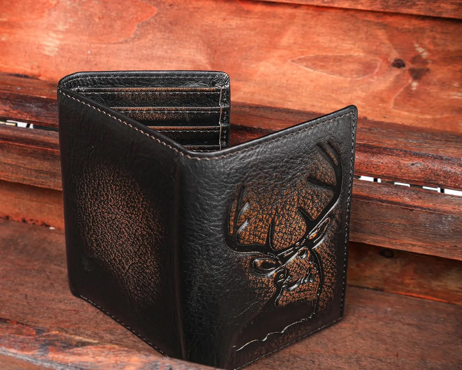 DK86 Deer Trifold Wallets for Men Full Grain Leather with Hand Burnished Tri-Fold Wallet RFID Blocking (Black and Brown)