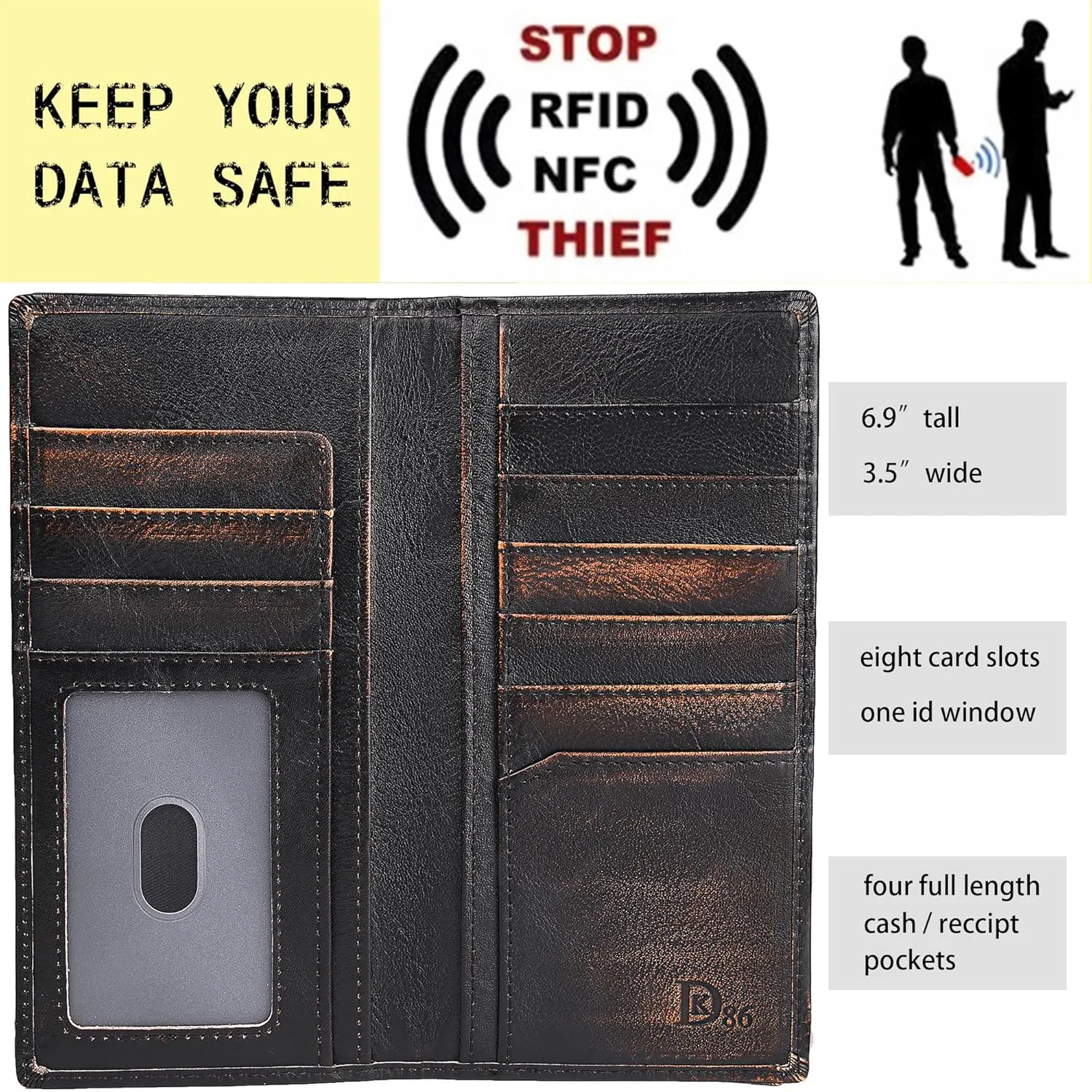 DK86 Skull Long Wallet For Men Full Grain Leather with Hand Burnished Rfid Blocking Rodeo Wallet Bifold Wallet Skull Wallet C