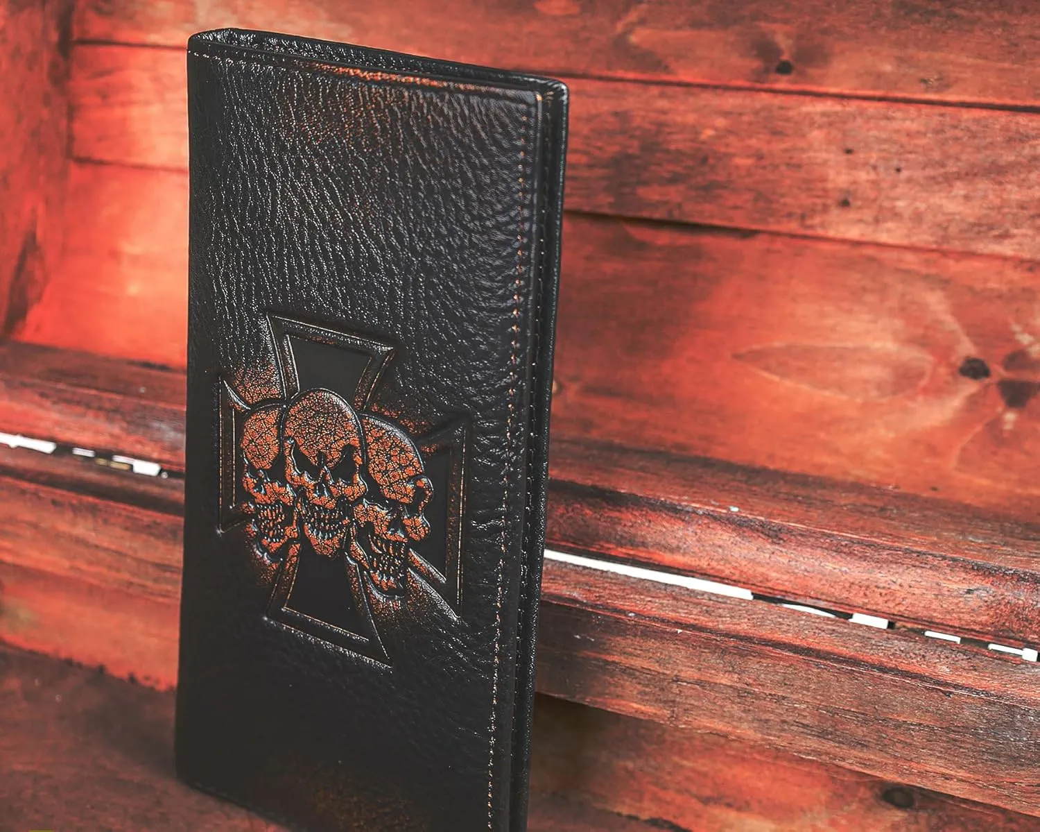 DK86 Skull Long Wallet For Men Full Grain Leather with Hand Burnished Rfid Blocking Rodeo Wallet Bifold Wallet Skull Wallet C