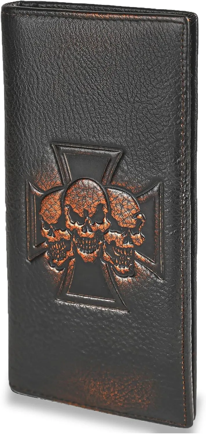 DK86 Skull Long Wallet For Men Full Grain Leather with Hand Burnished Rfid Blocking Rodeo Wallet Bifold Wallet Skull Wallet C