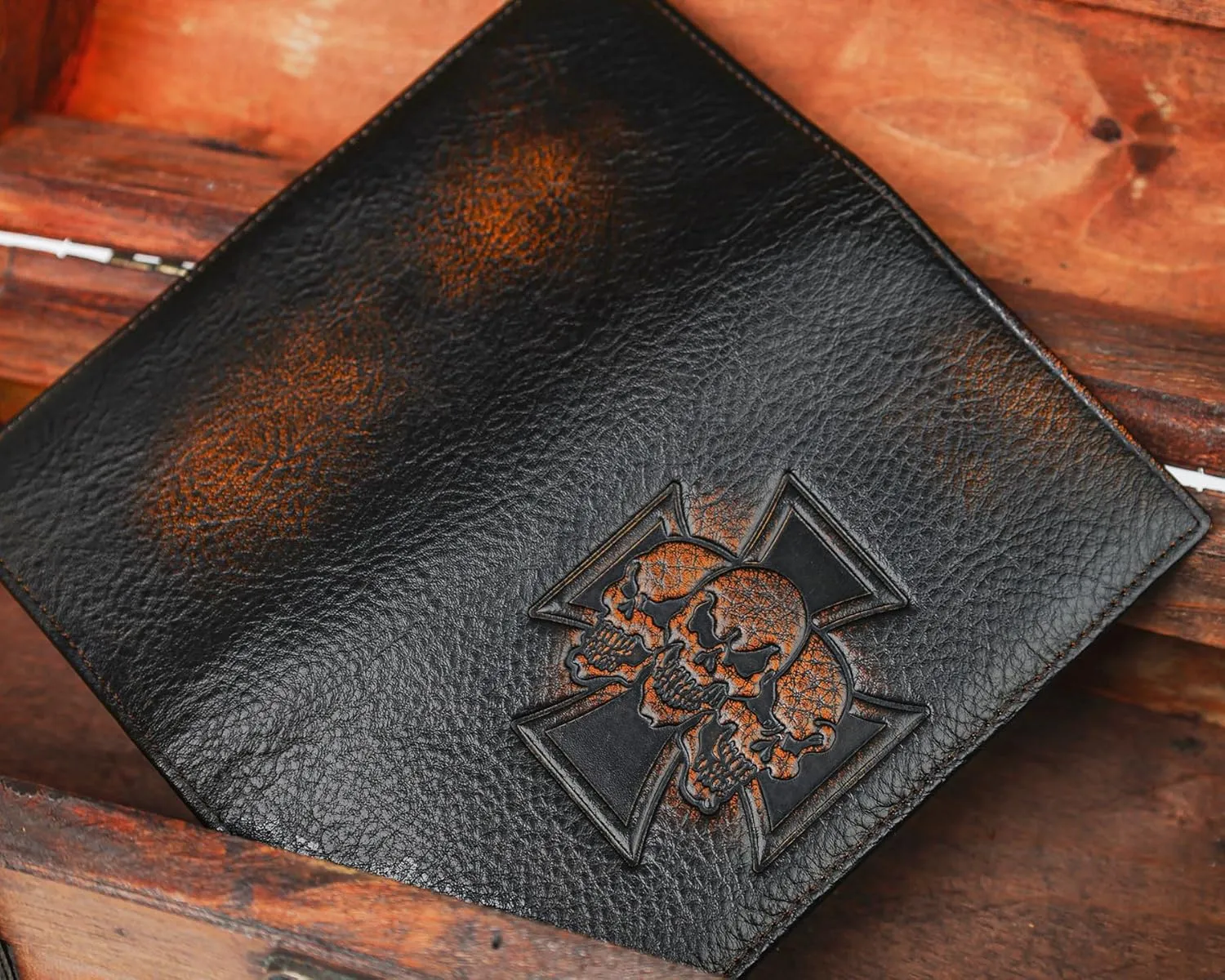 DK86 Skull Long Wallet For Men Full Grain Leather with Hand Burnished Rfid Blocking Rodeo Wallet Bifold Wallet Skull Wallet C
