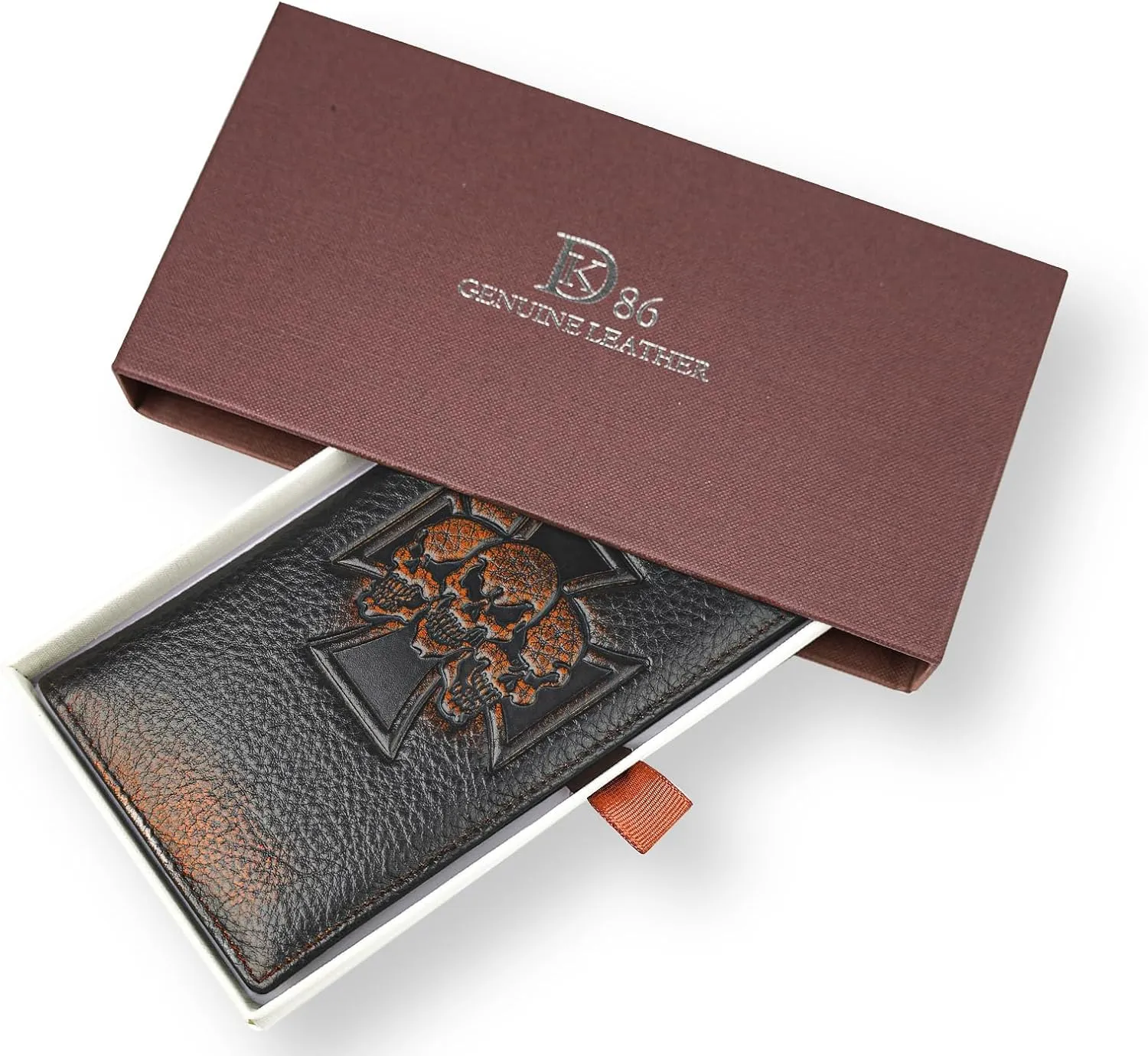 DK86 Skull Long Wallet For Men Full Grain Leather with Hand Burnished Rfid Blocking Rodeo Wallet Bifold Wallet Skull Wallet C