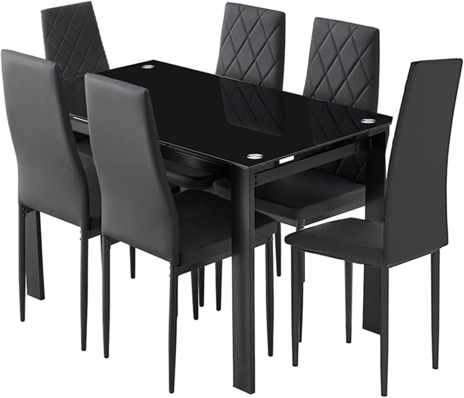 DKLGG 7-Piece Dining Table Set for 6 People, Tempered Glass Kitchen Table Set with 6 PU Leather Chairs, Dining Room Table Set Large Breakfast Table with Metal Frame for Kitchen, Big Family