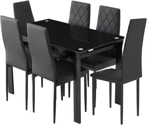 DKLGG 7-Piece Dining Table Set for 6 People, Tempered Glass Kitchen Table Set with 6 PU Leather Chairs, Dining Room Table Set Large Breakfast Table with Metal Frame for Kitchen, Big Family