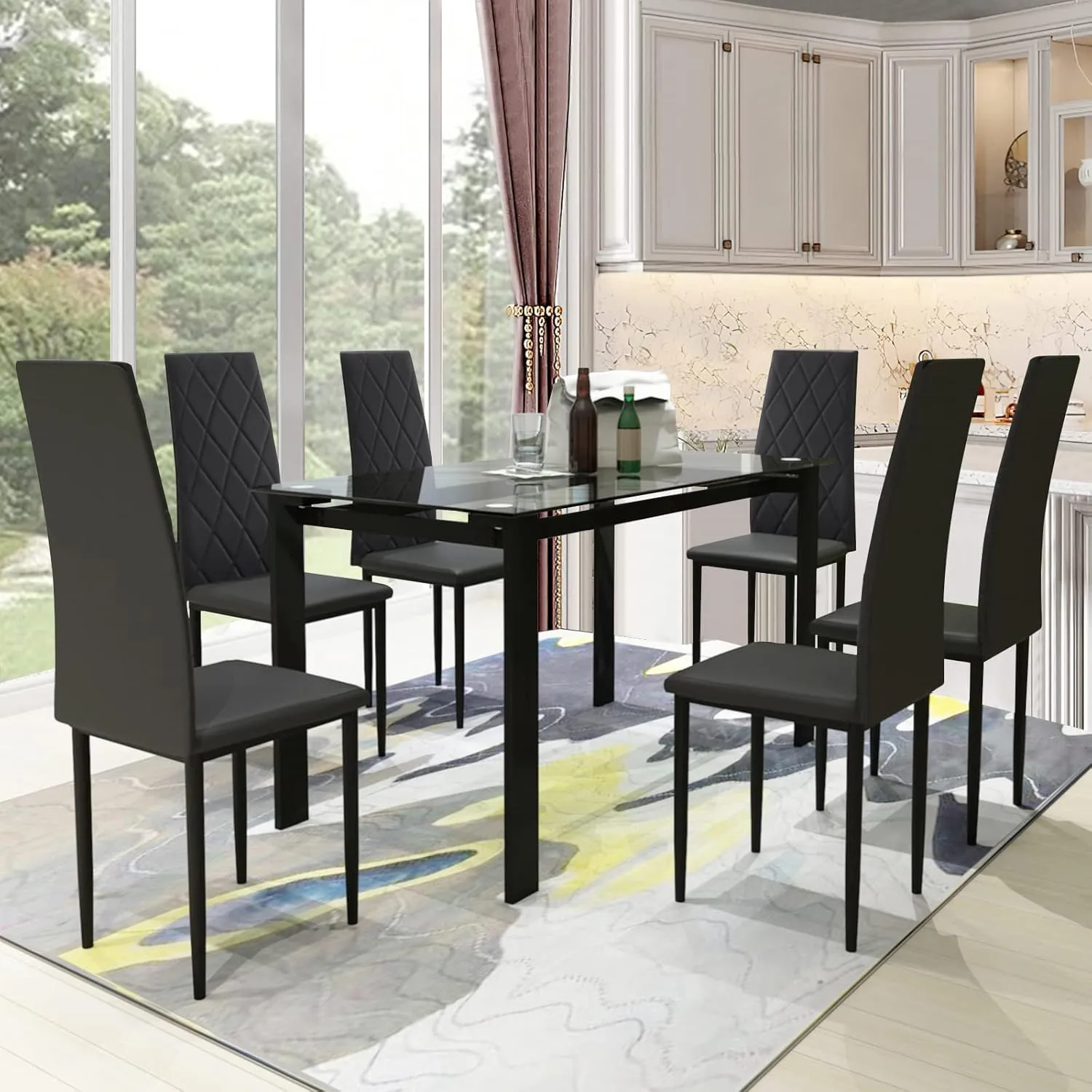 DKLGG 7-Piece Dining Table Set for 6 People, Tempered Glass Kitchen Table Set with 6 PU Leather Chairs, Dining Room Table Set Large Breakfast Table with Metal Frame for Kitchen, Big Family
