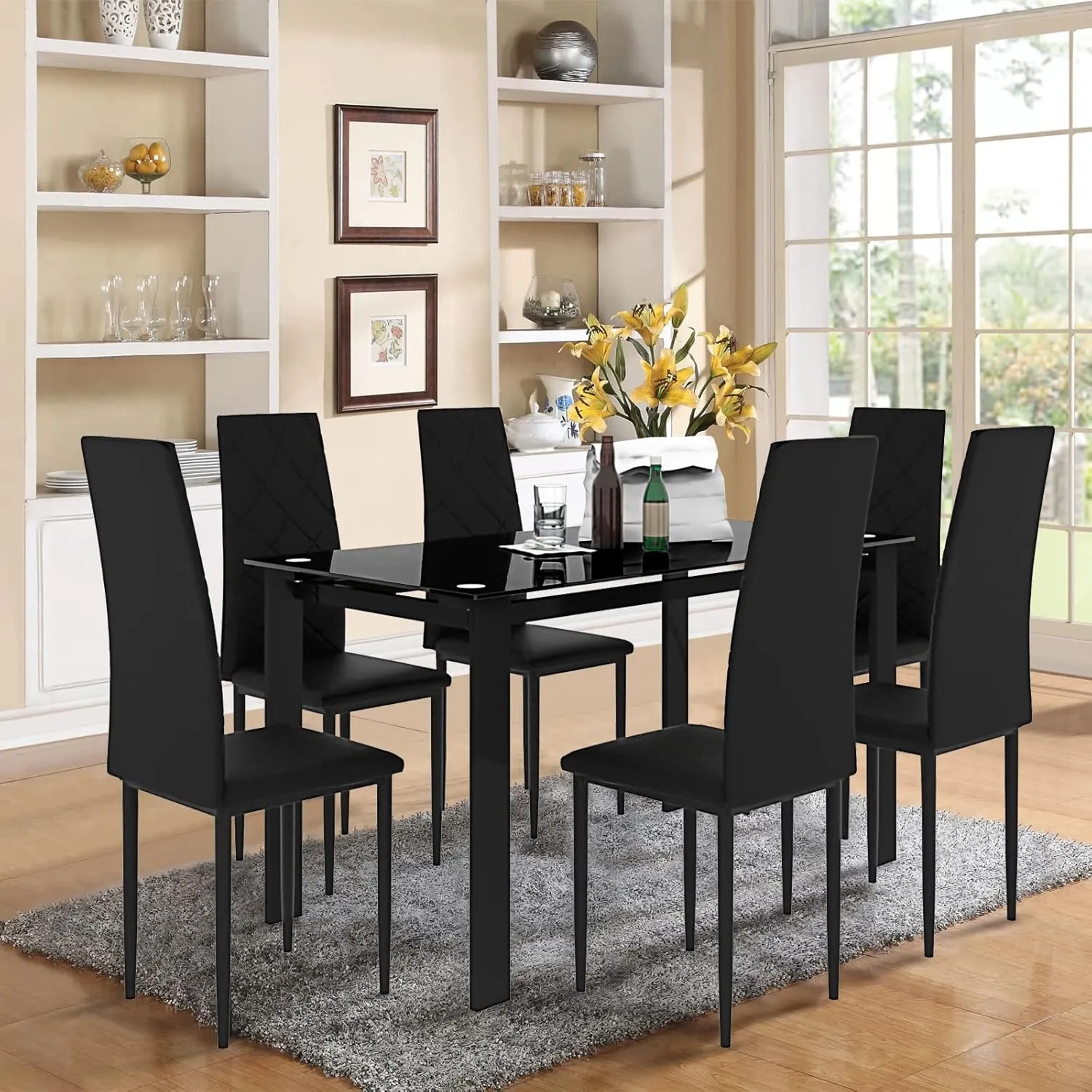 DKLGG 7-Piece Dining Table Set for 6 People, Tempered Glass Kitchen Table Set with 6 PU Leather Chairs, Dining Room Table Set Large Breakfast Table with Metal Frame for Kitchen, Big Family