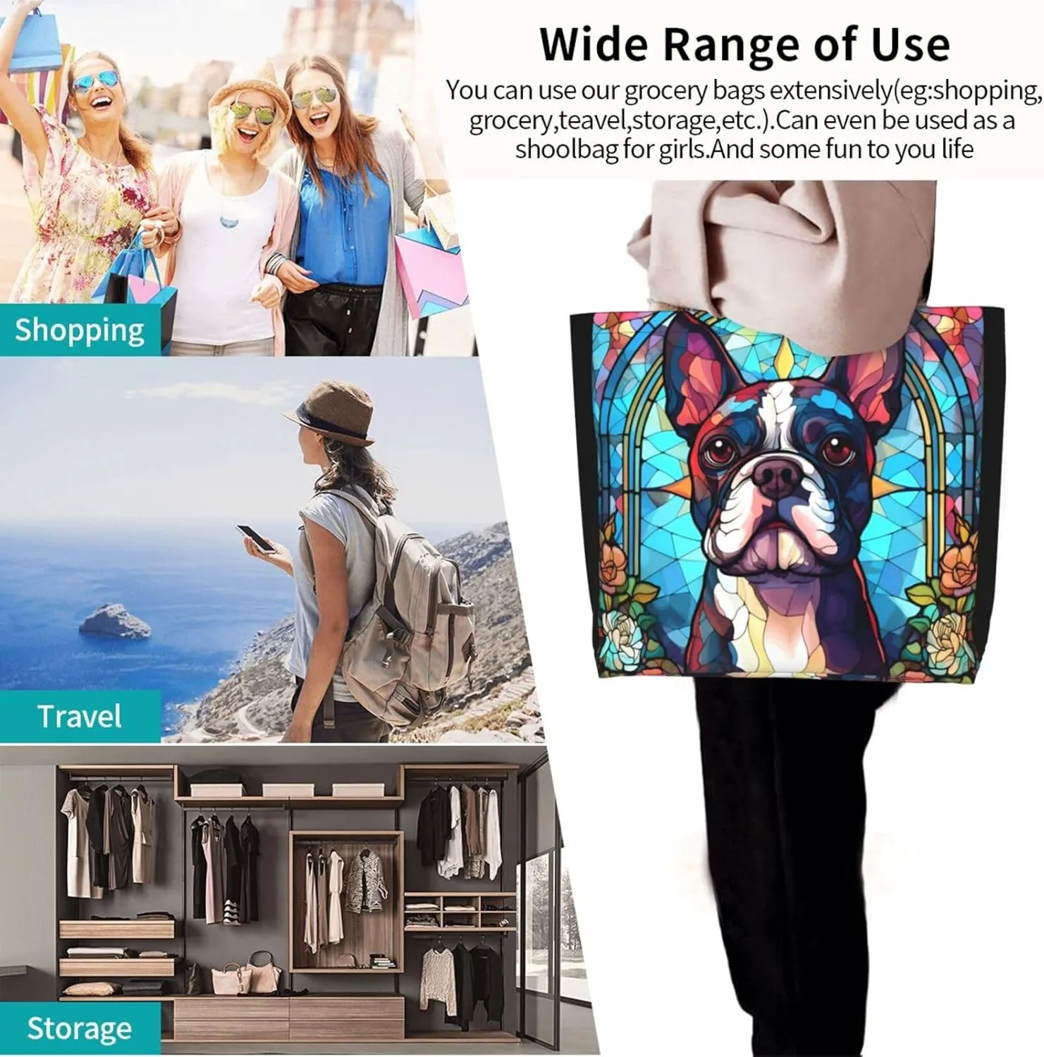 Dog Breed Glass Art Women Shoulder Handbags Reusable Large Capacity Casual Tote Bag