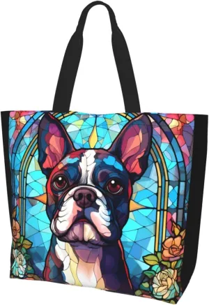 Dog Breed Glass Art Women Shoulder Handbags Reusable Large Capacity Casual Tote Bag