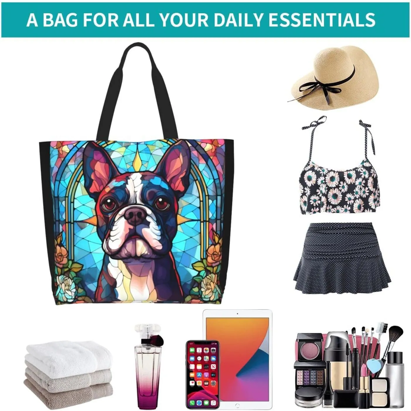 Dog Breed Glass Art Women Shoulder Handbags Reusable Large Capacity Casual Tote Bag