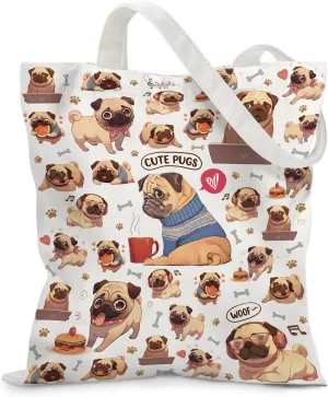 Dog Lover Gifts, Cute Pugs Tote Bag For Women Men Aesthetic Canvas Tote Bag with Inner Pocket Birthday Gifts For Dogs Casual Shoulder Bag Handbag Waterproof Crossbody Handbags Reusable For Shopping