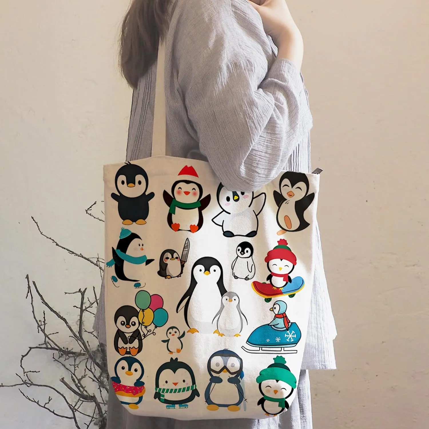 DOOX Penguin Tote Bag, Canvas Reusable Shopping/Grocery/Beach/Gifts Bag - Birthday & Christmas Penguin Gifts for Women