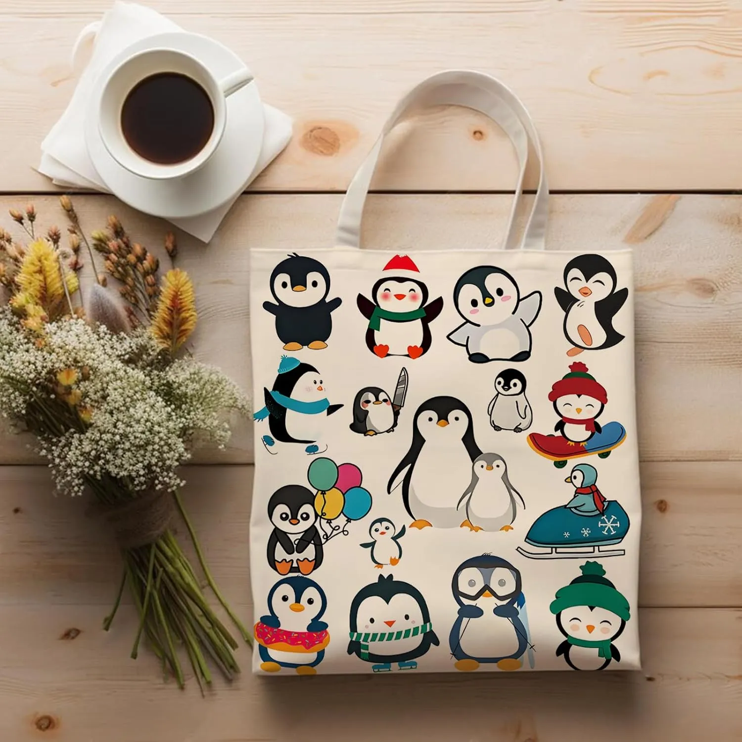 DOOX Penguin Tote Bag, Canvas Reusable Shopping/Grocery/Beach/Gifts Bag - Birthday & Christmas Penguin Gifts for Women