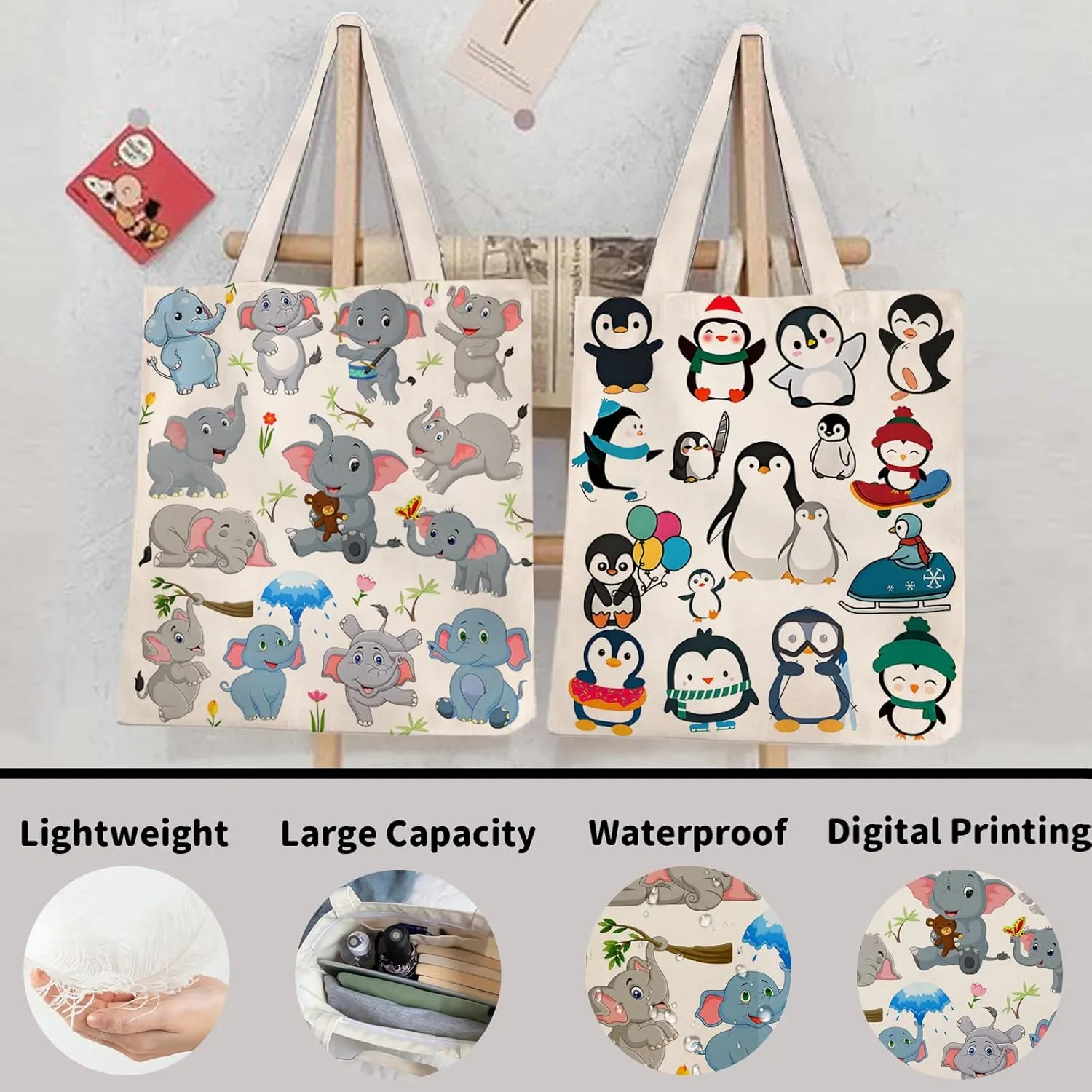 DOOX Penguin Tote Bag, Canvas Reusable Shopping/Grocery/Beach/Gifts Bag - Birthday & Christmas Penguin Gifts for Women