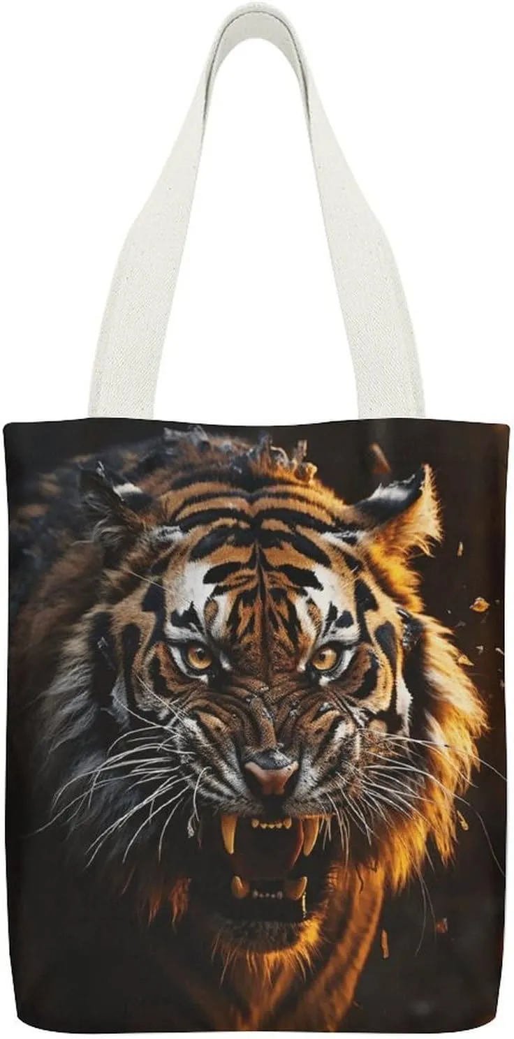 Double-sided Ferocious Tiger Printed Canvas Tote Bag, Printed Simple Tote Bag, Shoulder Tote Bag, Canvas Bag with Inner Pocket