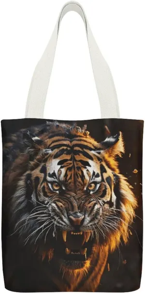 Double-sided Ferocious Tiger Printed Canvas Tote Bag, Printed Simple Tote Bag, Shoulder Tote Bag, Canvas Bag with Inner Pocket