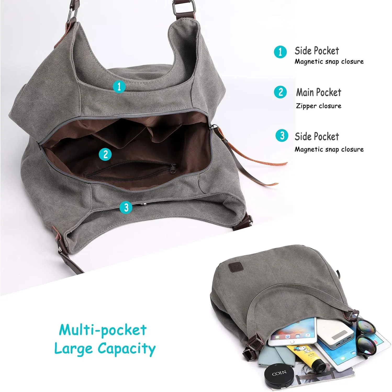 DOURR Women's Multi-pocket Shoulder Bag Fashion Cotton Canvas Handbag Tote Purse