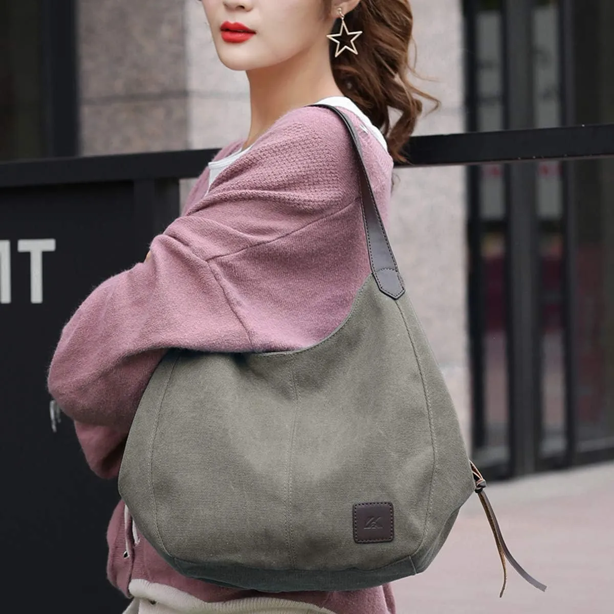 DOURR Women's Multi-pocket Shoulder Bag Fashion Cotton Canvas Handbag Tote Purse