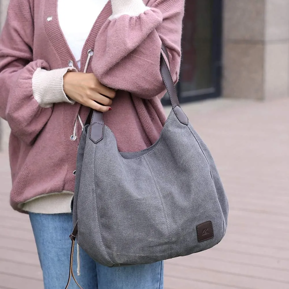 DOURR Women's Multi-pocket Shoulder Bag Fashion Cotton Canvas Handbag Tote Purse