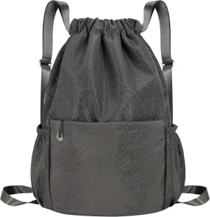Drawstring Backpack Waterproof Small Gym Bag for Women String Backpack, Sports Gym Sack Cinch Bag with Multi Pockets (Grey)