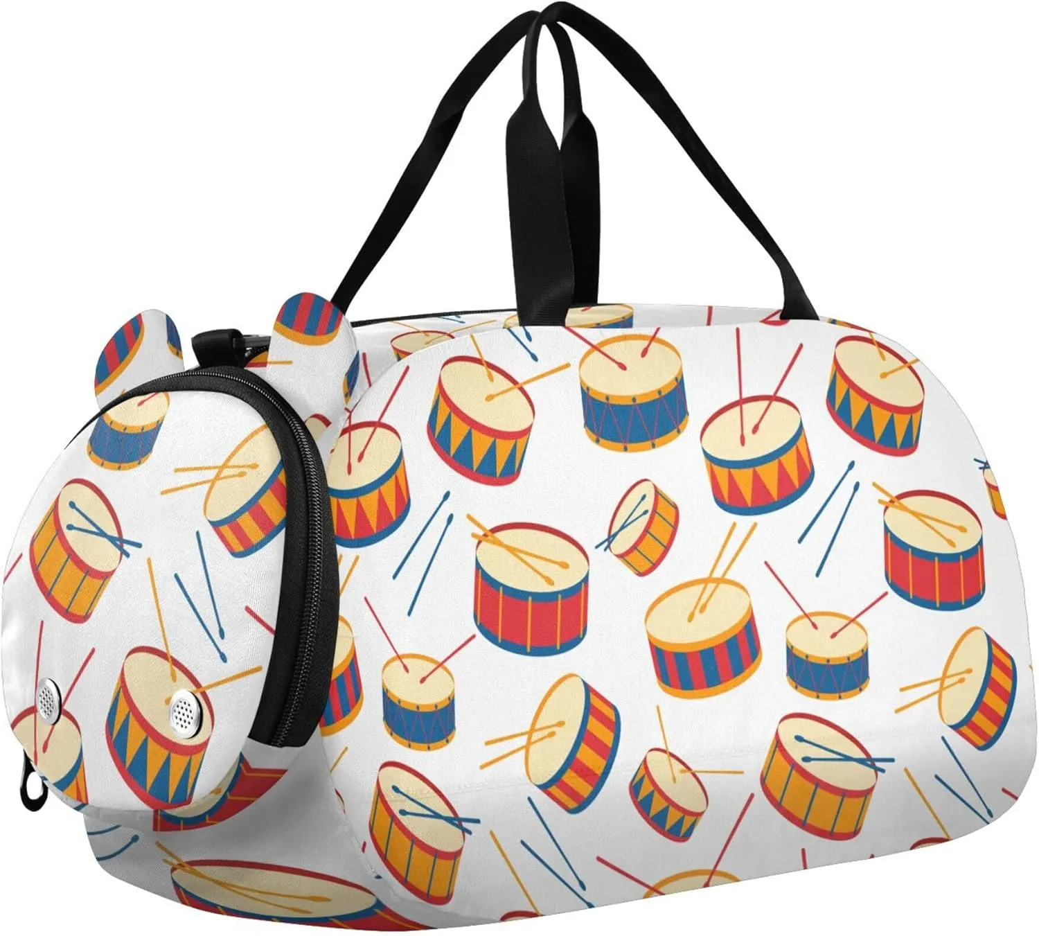 Drums and Drum Sticks Sports Duffle Bag for Girls Boys, Gym Bag with Shoe Compartment, Kids Travel Overnight Weekender Shoulder Bag