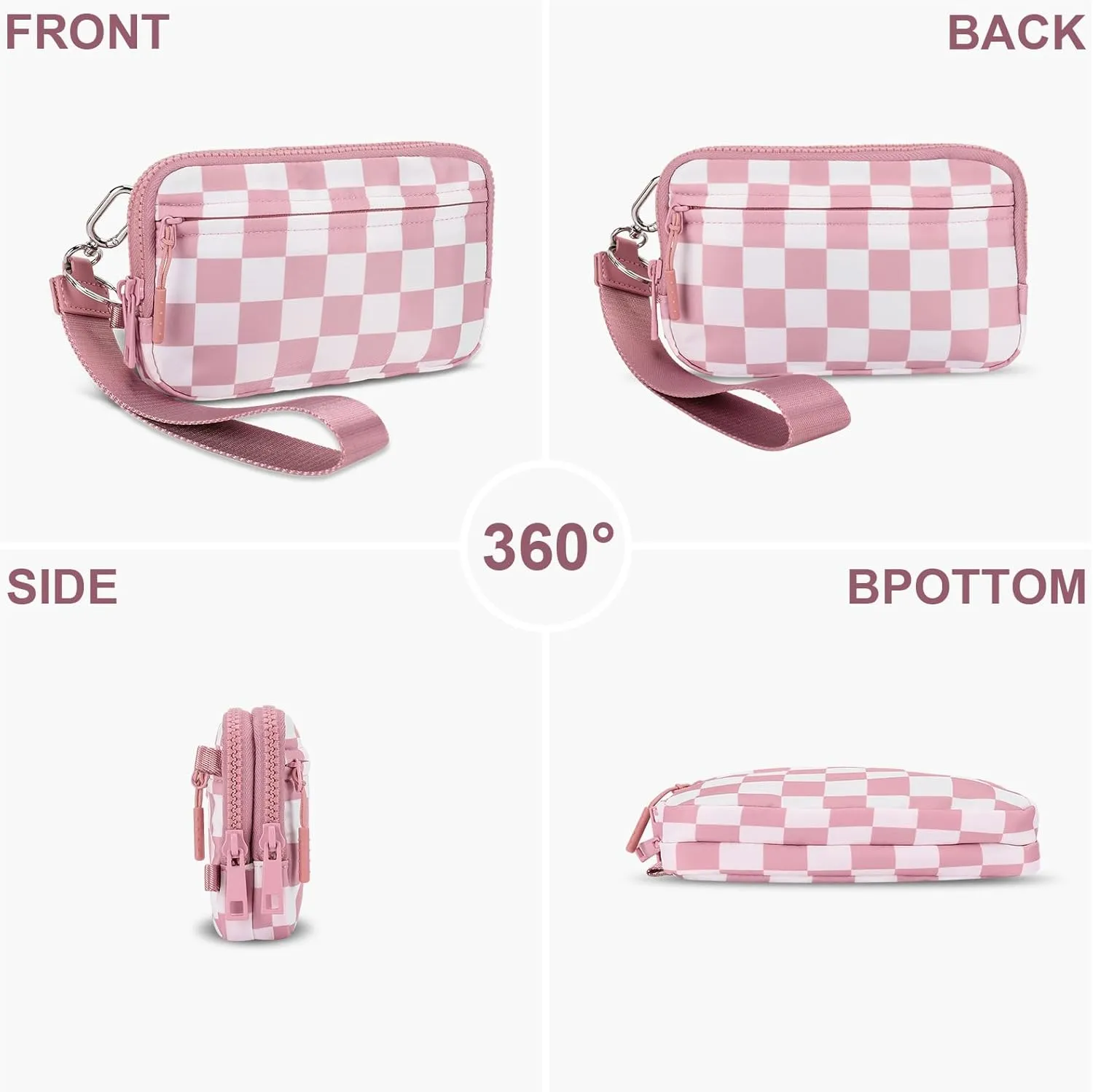 Dual Wristlet Wallets for Women,Checkered Crossbody Purse with 4 Zippers Large Nylon Wristlet Purse with ID Window