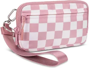Dual Wristlet Wallets for Women,Checkered Crossbody Purse with 4 Zippers Large Nylon Wristlet Purse with ID Window