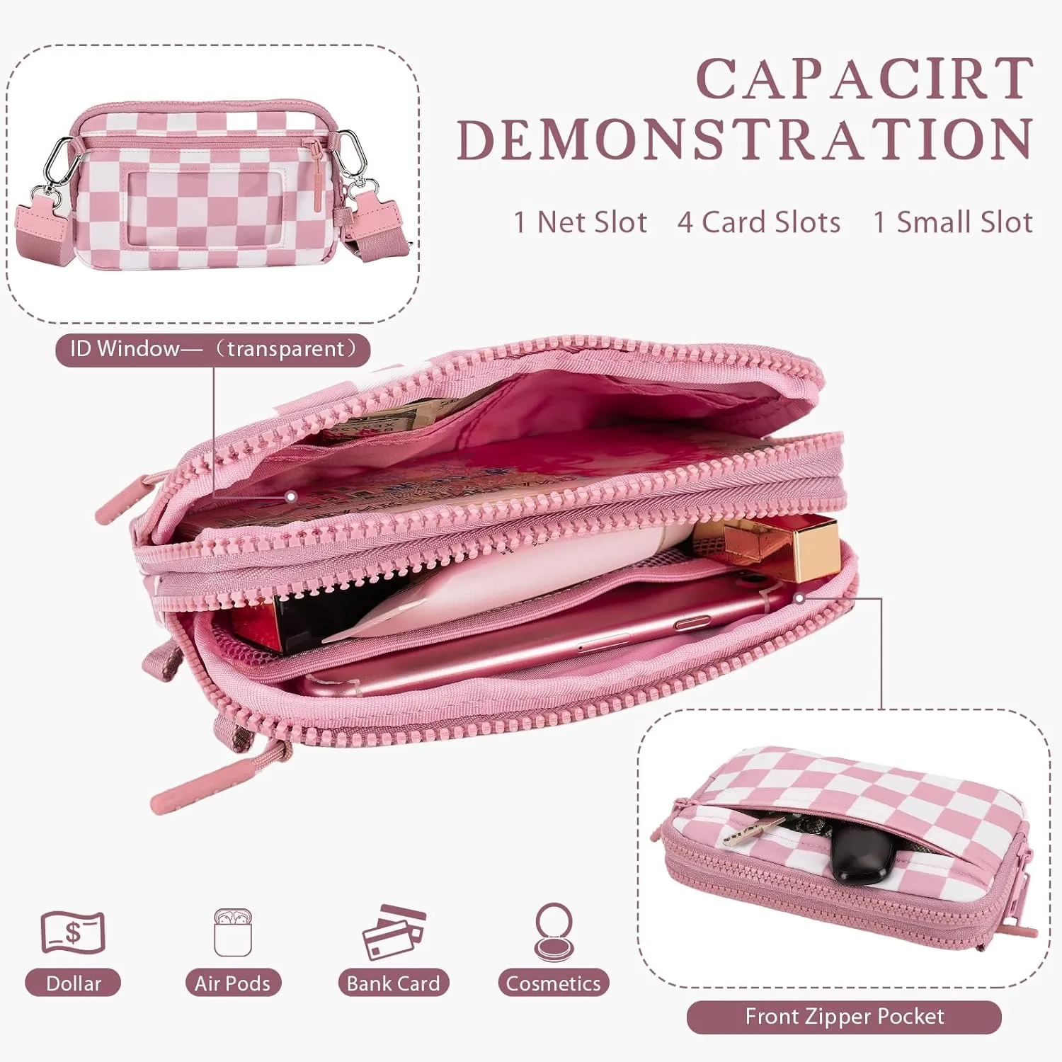 Dual Wristlet Wallets for Women,Checkered Crossbody Purse with 4 Zippers Large Nylon Wristlet Purse with ID Window