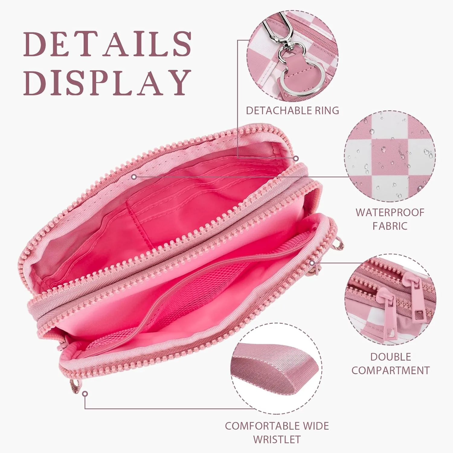 Dual Wristlet Wallets for Women,Checkered Crossbody Purse with 4 Zippers Large Nylon Wristlet Purse with ID Window