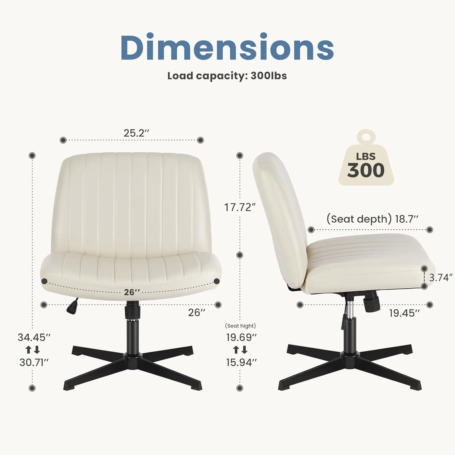 DUMOS Criss Cross Chair Legged Office Wide Comfy Desk Seat, No Wheels Armless Computer Task Seating, Swivel PU Leather Vanity Home Height Adjustable