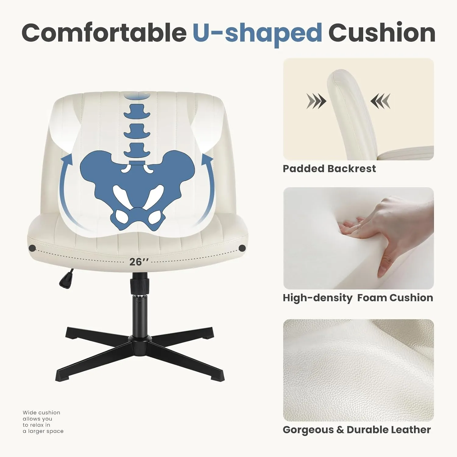DUMOS Criss Cross Chair Legged Office Wide Comfy Desk Seat, No Wheels Armless Computer Task Seating, Swivel PU Leather Vanity Home Height Adjustable
