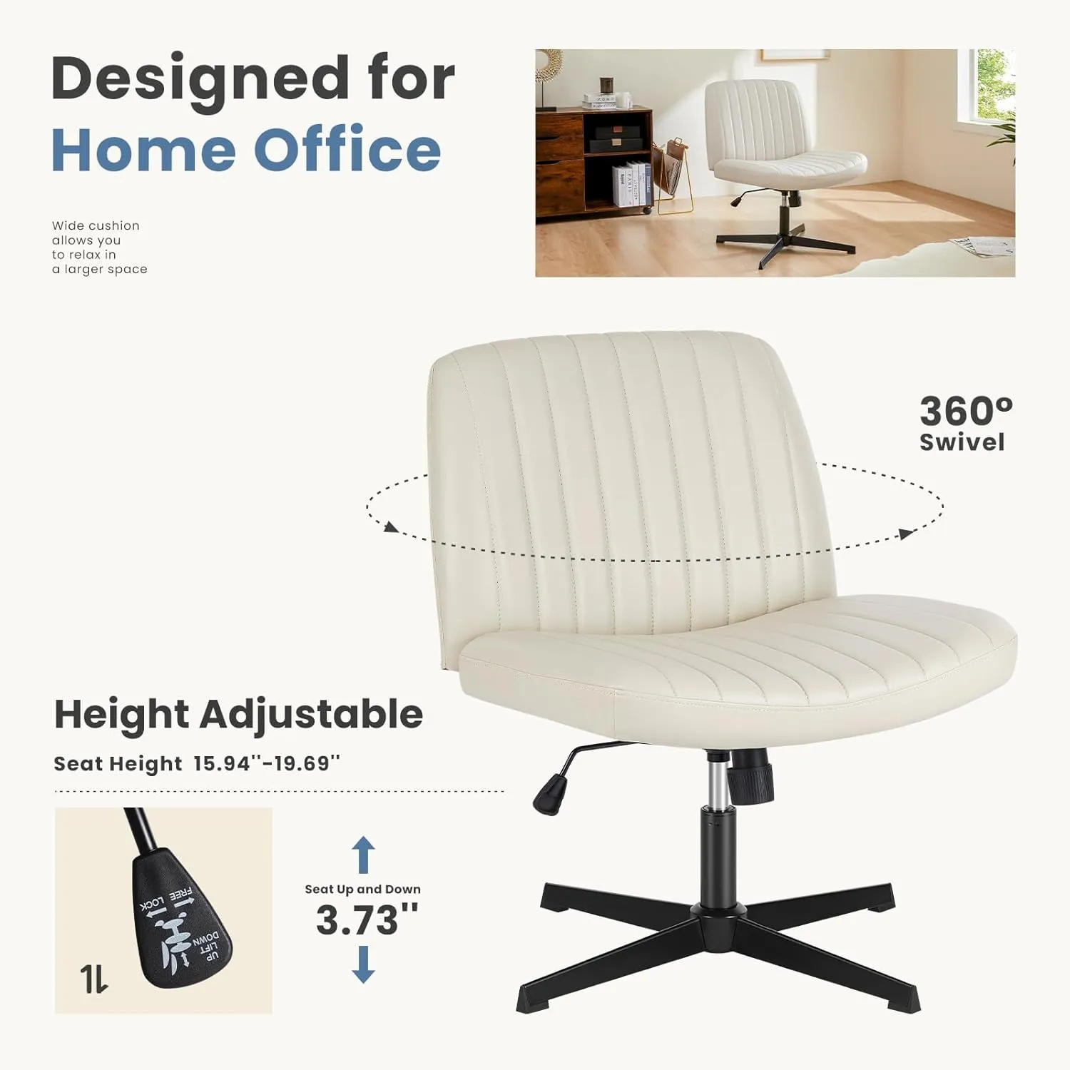 DUMOS Criss Cross Chair Legged Office Wide Comfy Desk Seat, No Wheels Armless Computer Task Seating, Swivel PU Leather Vanity Home Height Adjustable