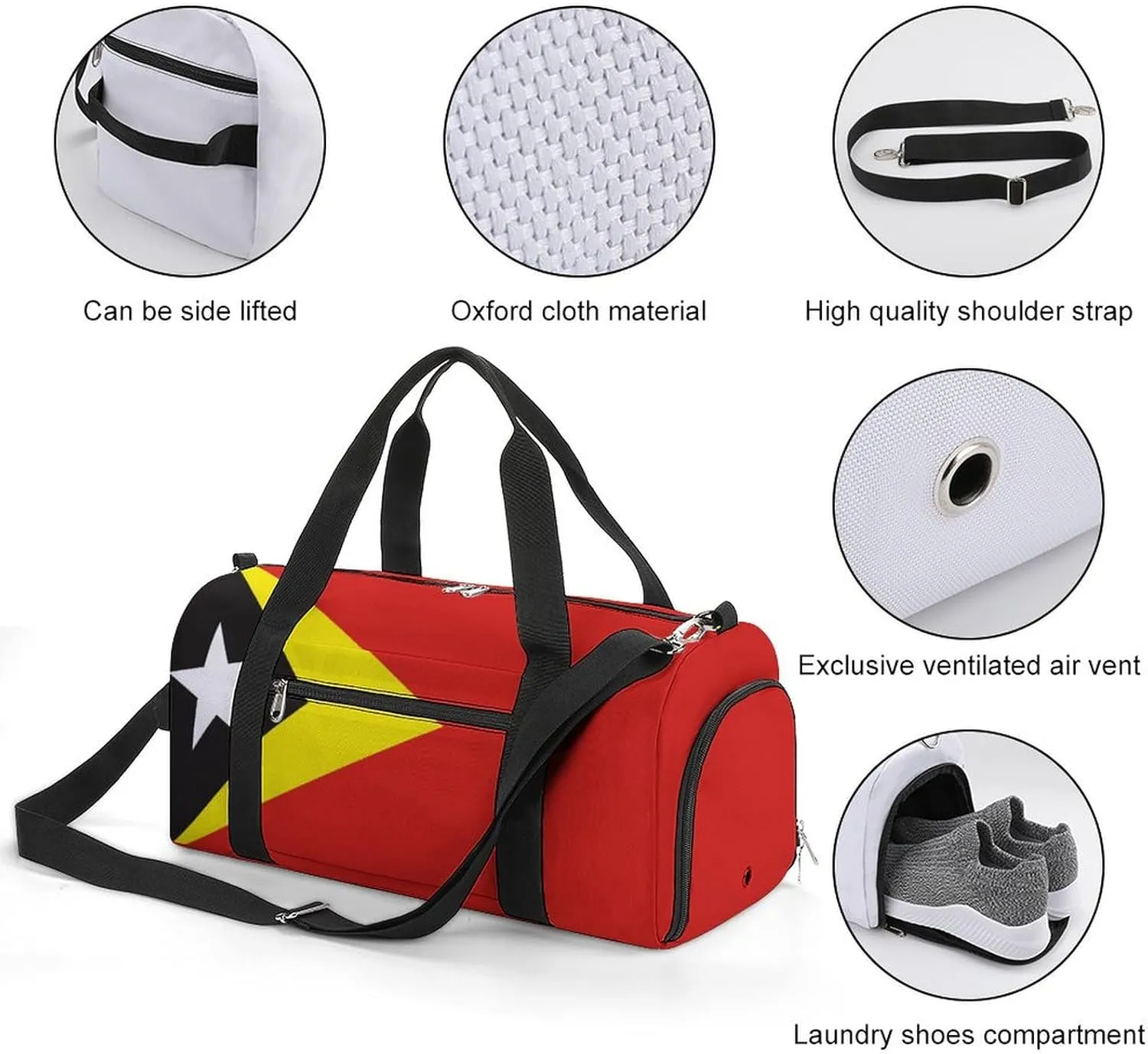 East Timor Flag Sports Gym Bag for Boys Girls with Shoe Compartment Weekender