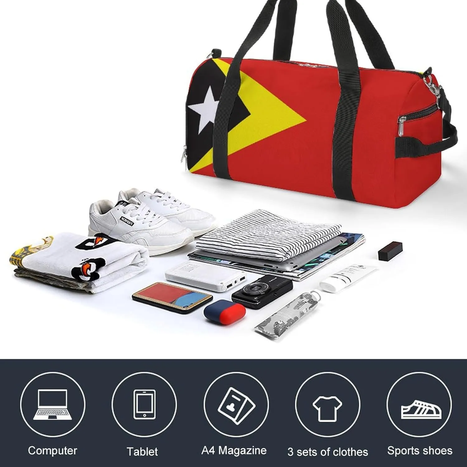 East Timor Flag Sports Gym Bag for Boys Girls with Shoe Compartment Weekender