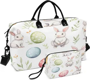 Easter Bunny and Egg Travel Duffel Bags 2PCS,Sports Duffel Bags for Men Women,Weekender Overnight Bag Gym Tote Bag with Toiletry Bag