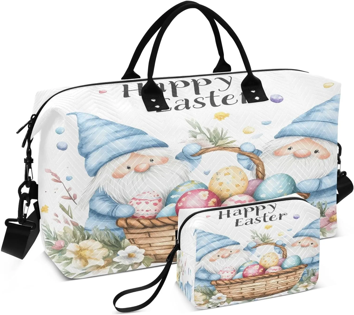 Easter Cute Gnome and Eggs Travel Duffel Bags 2PCS,Sports Duffel Bags for Men Women,Weekender Overnight Bag Gym Tote Bag with Toiletry Bag