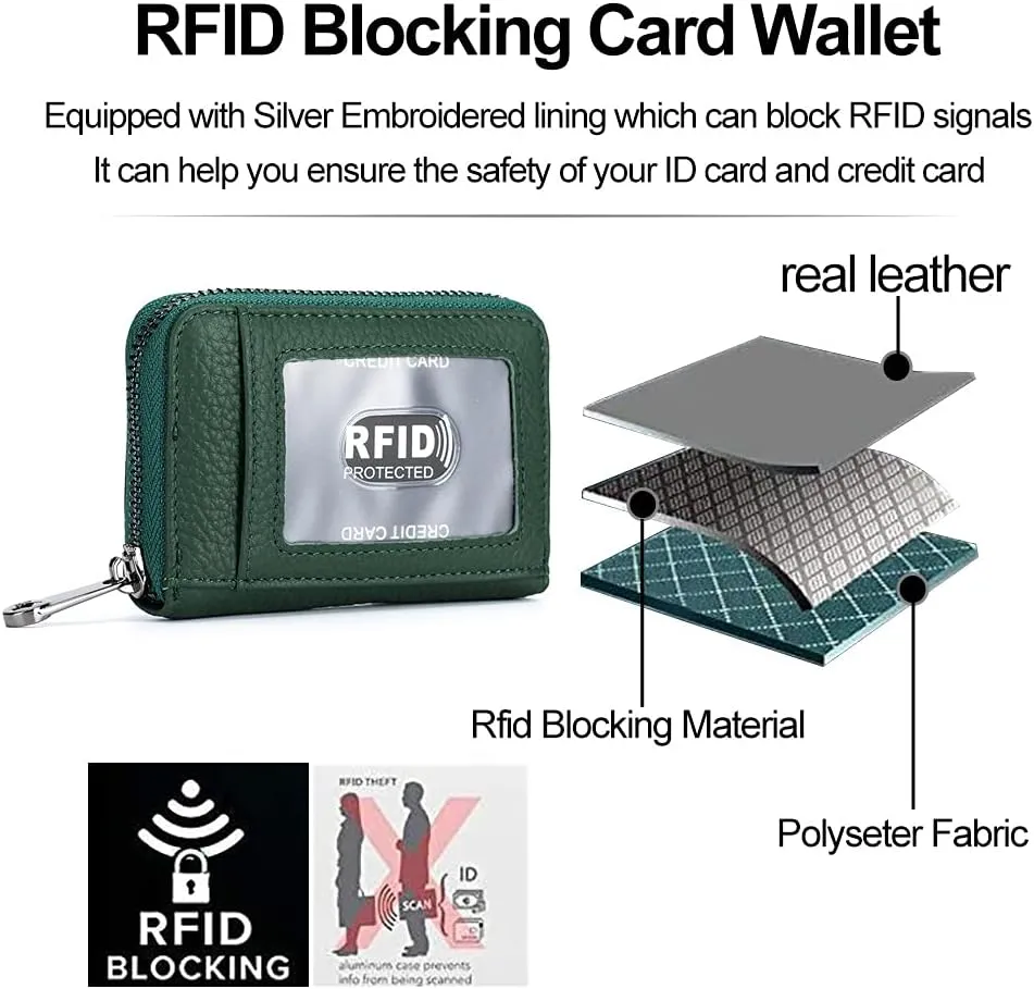 EASTNIGHTS Genuine Leather Credit Card Wallet Accordion Zipper Rfid Credit Card Holder Small Coin Purse with ID Window (green)