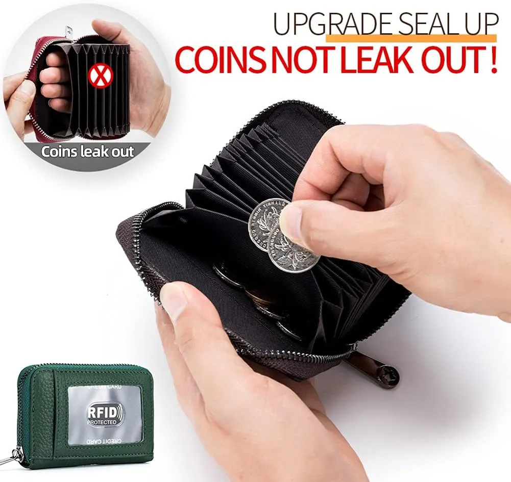 EASTNIGHTS Genuine Leather Credit Card Wallet Accordion Zipper Rfid Credit Card Holder Small Coin Purse with ID Window (green)