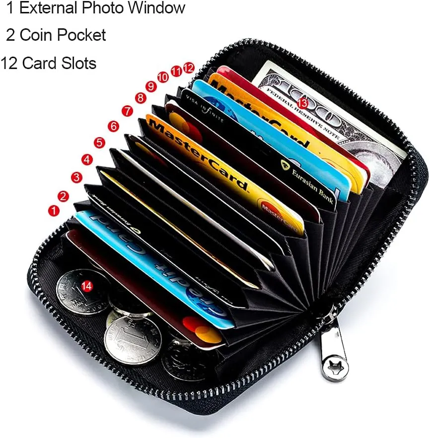 EASTNIGHTS Genuine Leather Credit Card Wallet Accordion Zipper Rfid Credit Card Holder Small Coin Purse with ID Window (green)