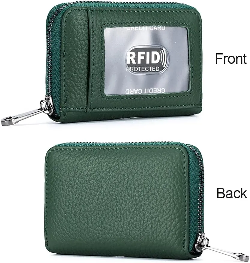 EASTNIGHTS Genuine Leather Credit Card Wallet Accordion Zipper Rfid Credit Card Holder Small Coin Purse with ID Window (green)