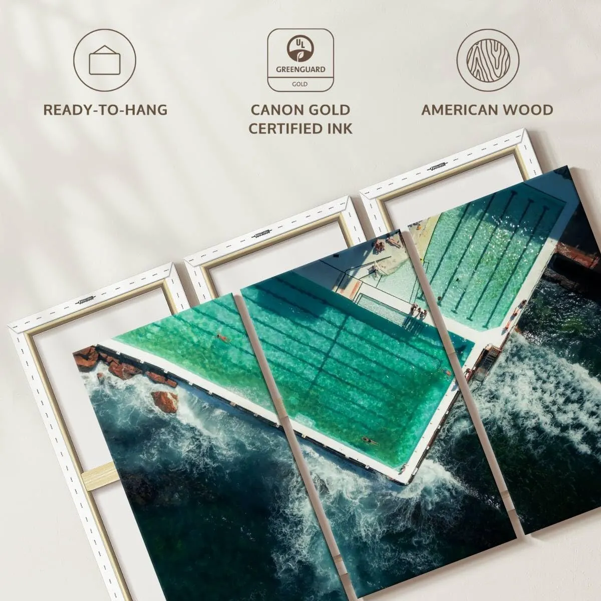 Elephant Stock - Bondi Icebergs Pool Wall Art - Horizontal Multi Panel Canvas - 3 Piece Living Room Wall Decor - Photography Beach Multi Piece Wall Art - Teal And Blue Decor - 33" x 20"