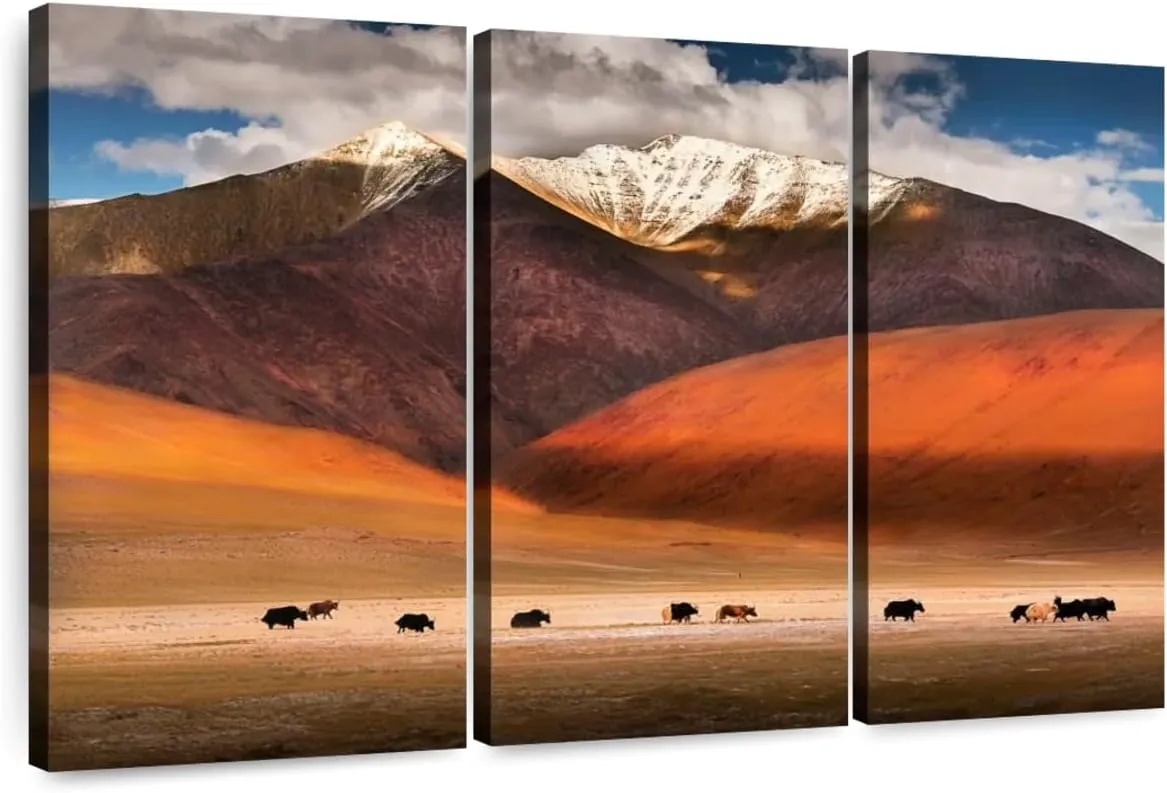 Elephant Stock - Ladakh Wild Yaks Wall Art - Horizontal Multi Panel Canvas - 3 Piece Living Room Wall Decor - Photography Nature Multi Piece Wall Art - Brown And Beige Decor - 23" x 14"