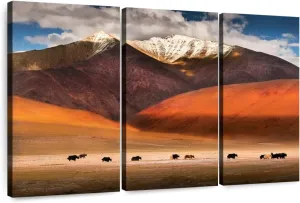 Elephant Stock - Ladakh Wild Yaks Wall Art - Horizontal Multi Panel Canvas - 3 Piece Living Room Wall Decor - Photography Nature Multi Piece Wall Art - Brown And Beige Decor - 23" x 14"