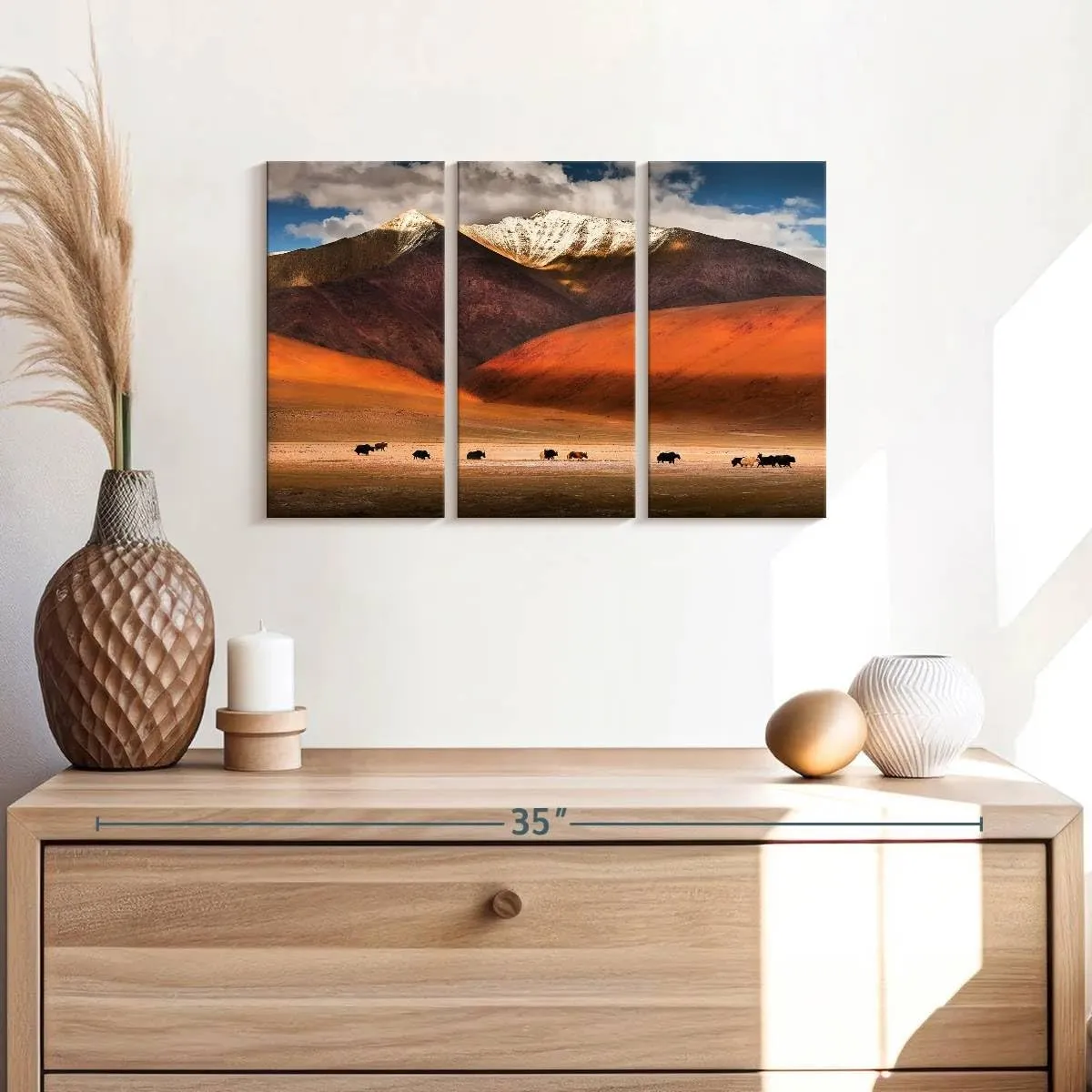 Elephant Stock - Ladakh Wild Yaks Wall Art - Horizontal Multi Panel Canvas - 3 Piece Living Room Wall Decor - Photography Nature Multi Piece Wall Art - Brown And Beige Decor - 23" x 14"