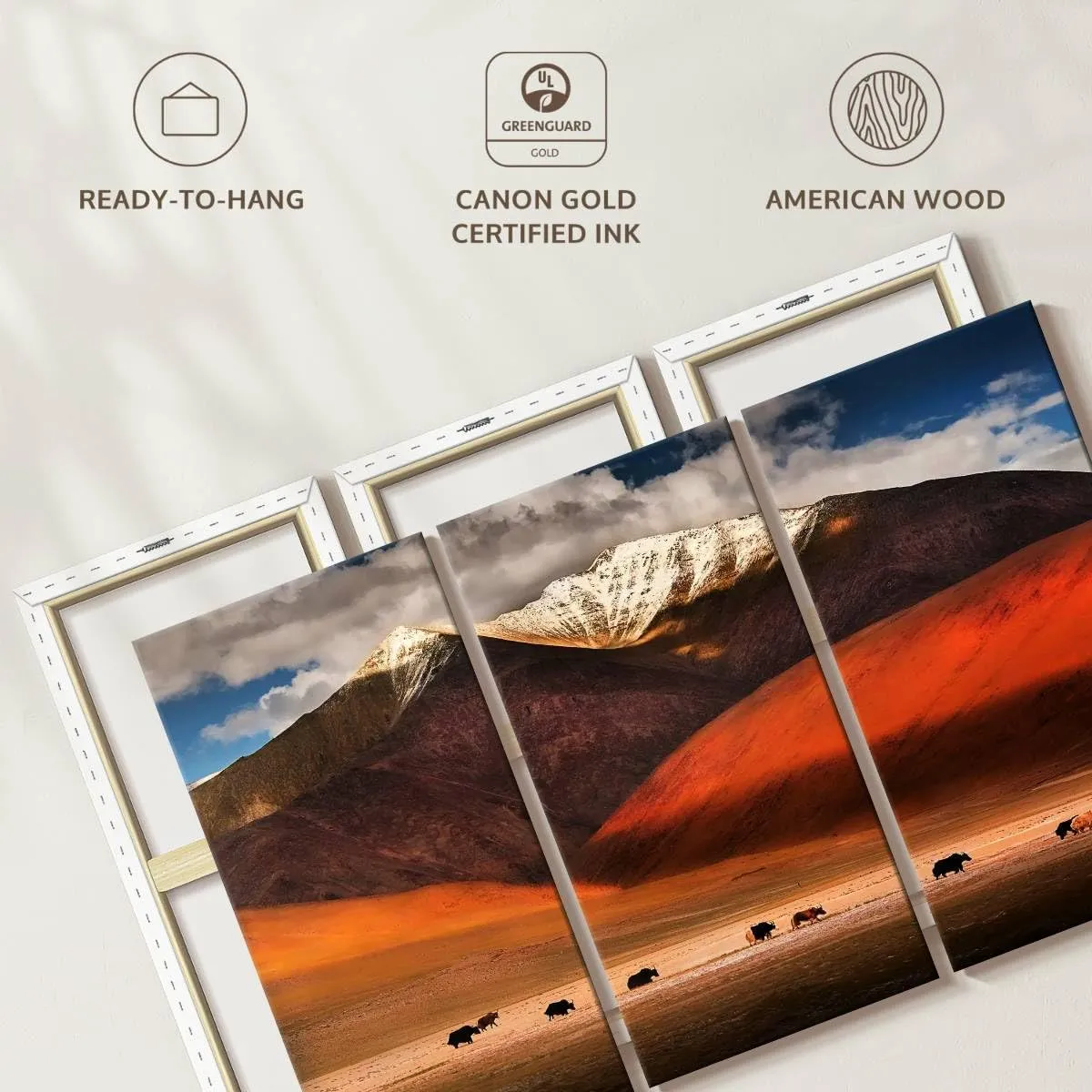 Elephant Stock - Ladakh Wild Yaks Wall Art - Horizontal Multi Panel Canvas - 3 Piece Living Room Wall Decor - Photography Nature Multi Piece Wall Art - Brown And Beige Decor - 23" x 14"