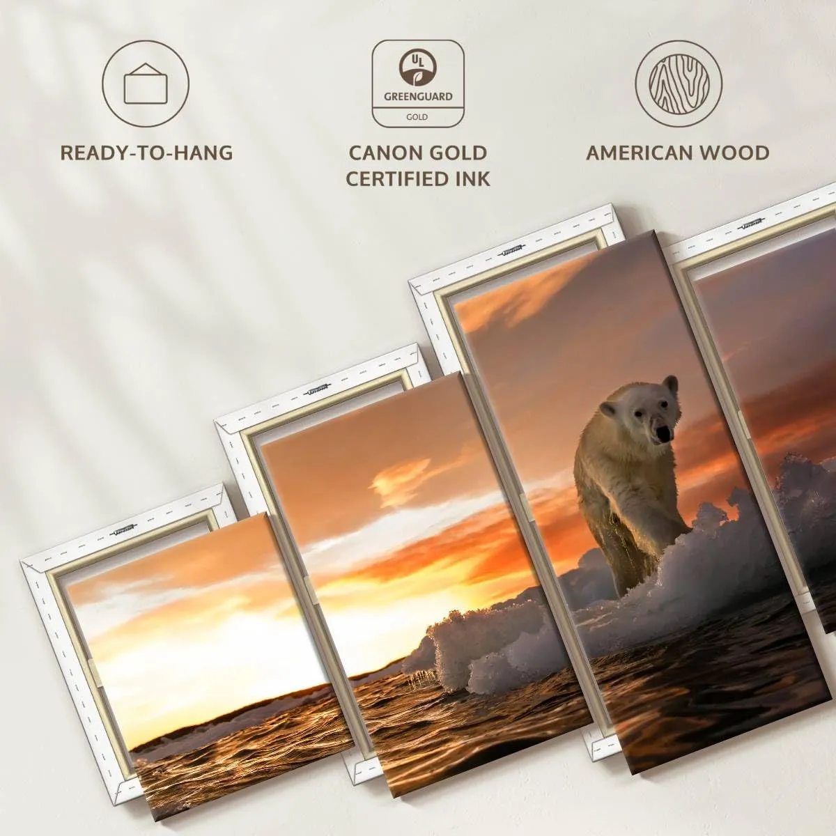 ElephantStock - Polar Bear Iceberg Walk Wall Art - Horizontal Multi Panel Canvas - 5 Piece Living Room Wall Decor - Photography Animal Multi Piece Wall Art - Orange And Purple Decor - 36" x 15"