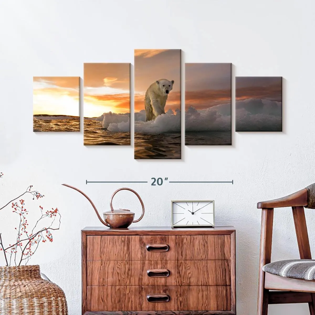 ElephantStock - Polar Bear Iceberg Walk Wall Art - Horizontal Multi Panel Canvas - 5 Piece Living Room Wall Decor - Photography Animal Multi Piece Wall Art - Orange And Purple Decor - 36" x 15"