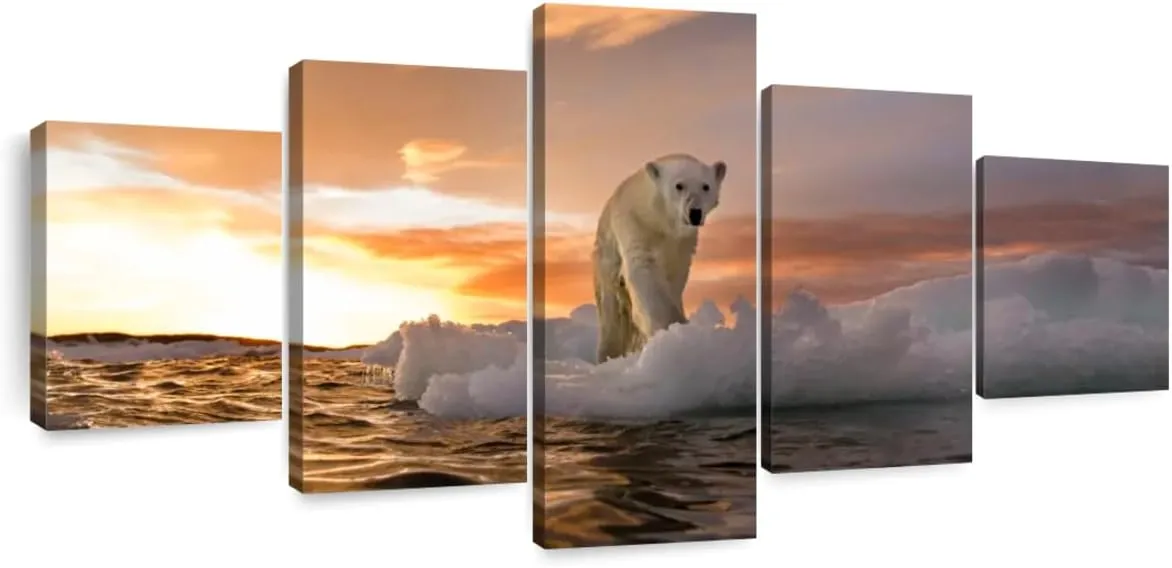 ElephantStock - Polar Bear Iceberg Walk Wall Art - Horizontal Multi Panel Canvas - 5 Piece Living Room Wall Decor - Photography Animal Multi Piece Wall Art - Orange And Purple Decor - 36" x 15"