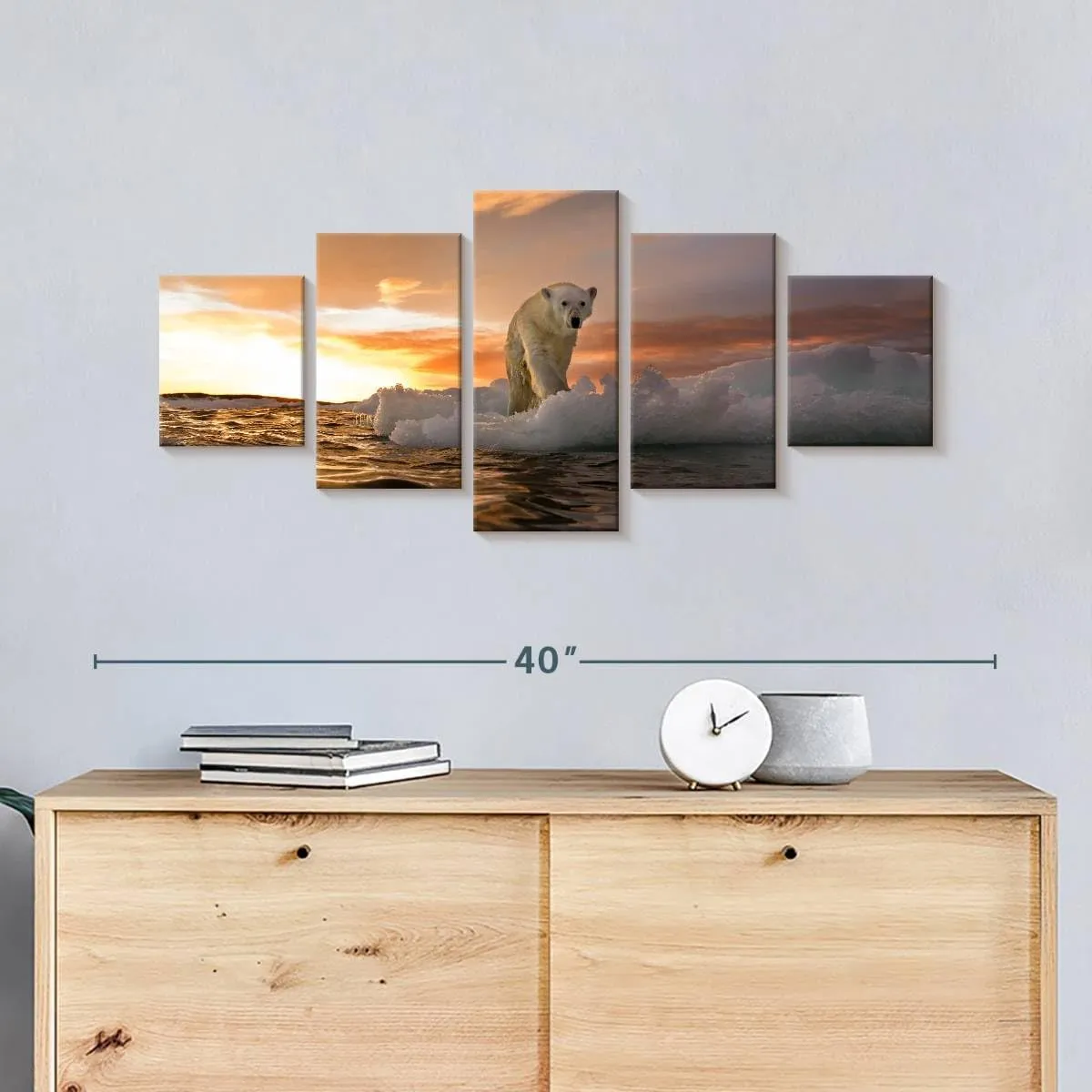 ElephantStock - Polar Bear Iceberg Walk Wall Art - Horizontal Multi Panel Canvas - 5 Piece Living Room Wall Decor - Photography Animal Multi Piece Wall Art - Orange And Purple Decor - 36" x 15"